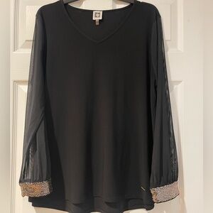 Anne Klein Long Sheer Sleeve‎ Blouse With Sequin Wristband—Large